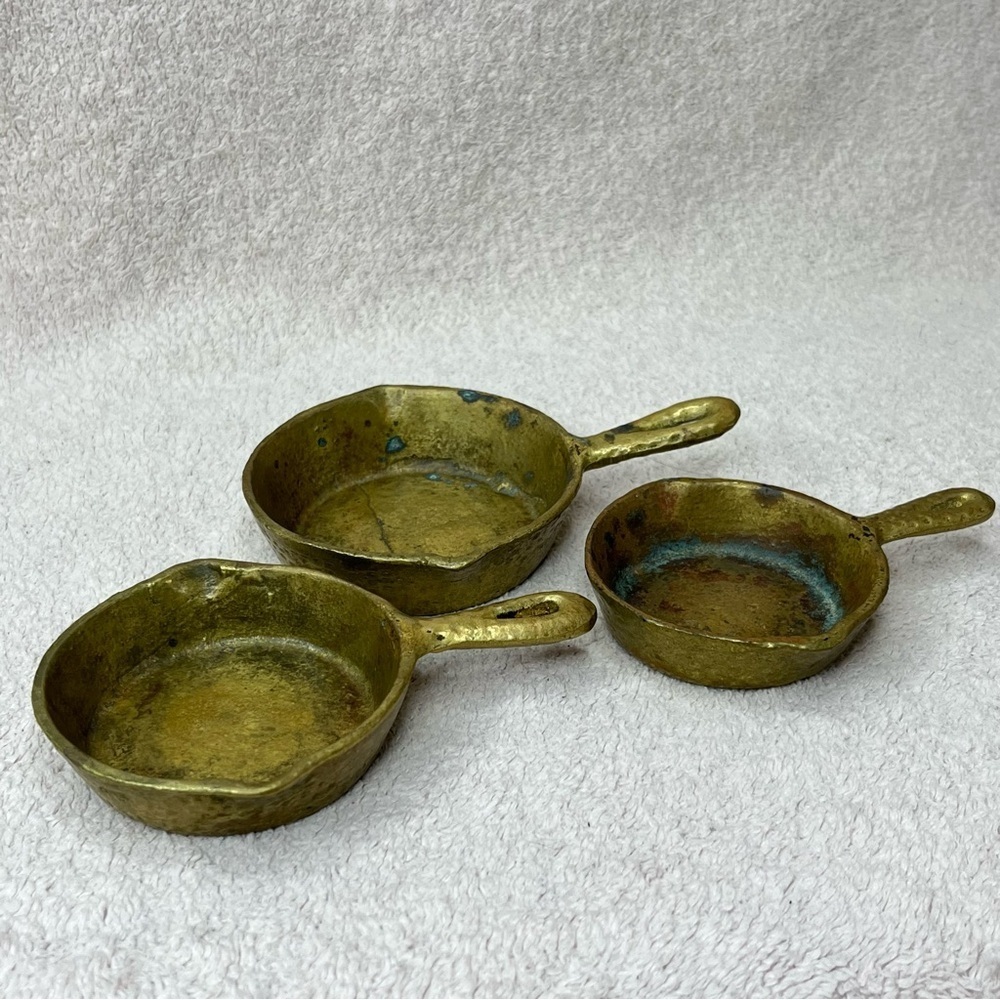 Vintage Solid Cast Brass Dollhouse Pans Set of 3 VTG Retro Toys Dolls Kitchen